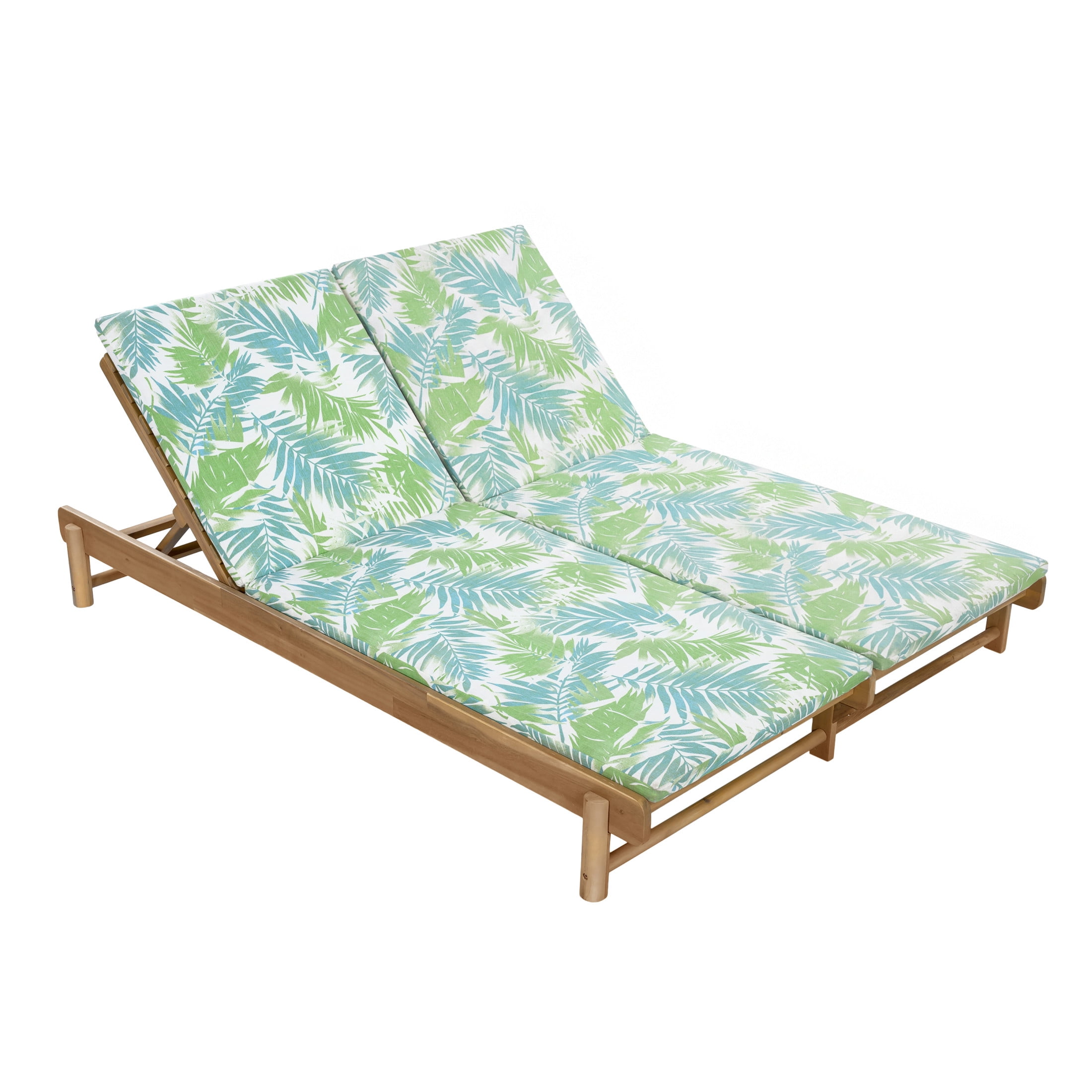 Christopher Knight Home Outdoor Adjustable Double Chaise Lounge with 2-Fold Cushions, Light Teak + Green Leaf