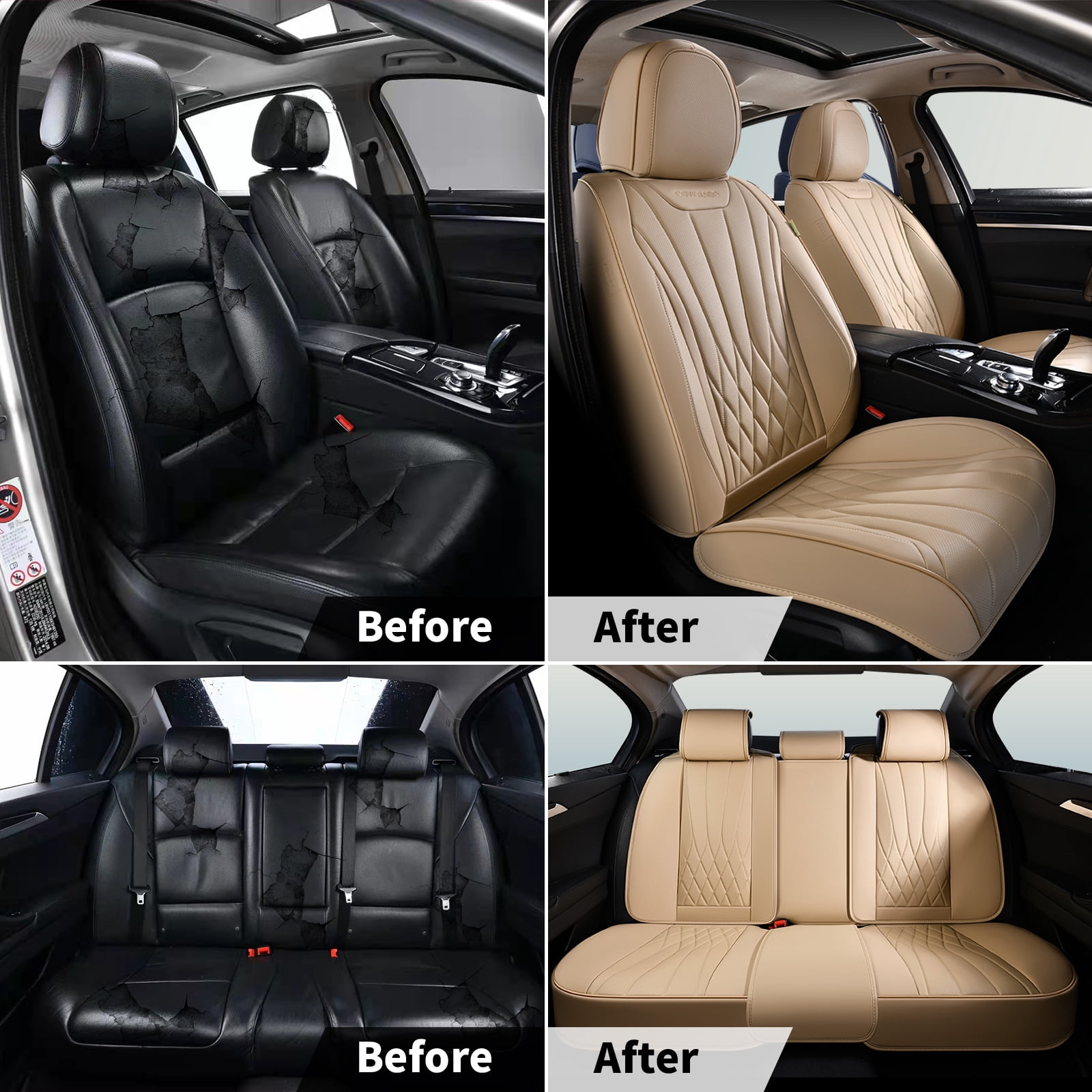Coverado Car Seat Covers Full Set, Premium Leather Front and Rear Seat Protectors, Sleek Design Universal Fit for Most Cars, Beige