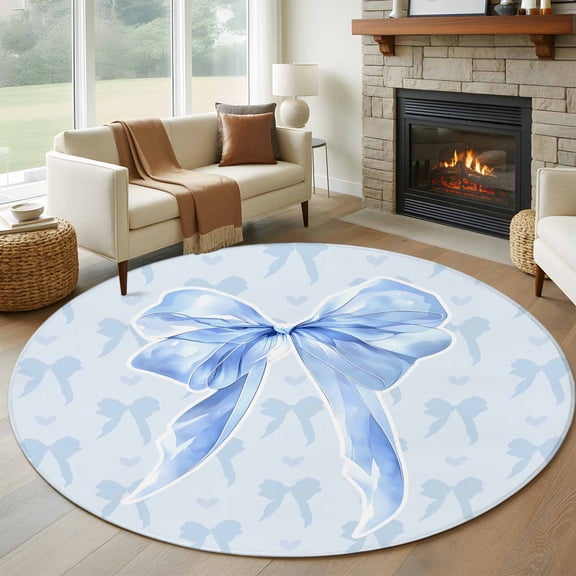 Round Rugs 5Ft, Cute Bow Round Area Rug Washable Indoor Throw Carpet, Blue Bowknot Minimalist Solid Color Soft Non Slip Circle Rug for Cabinet Bathroom Home Decor Aesthetic