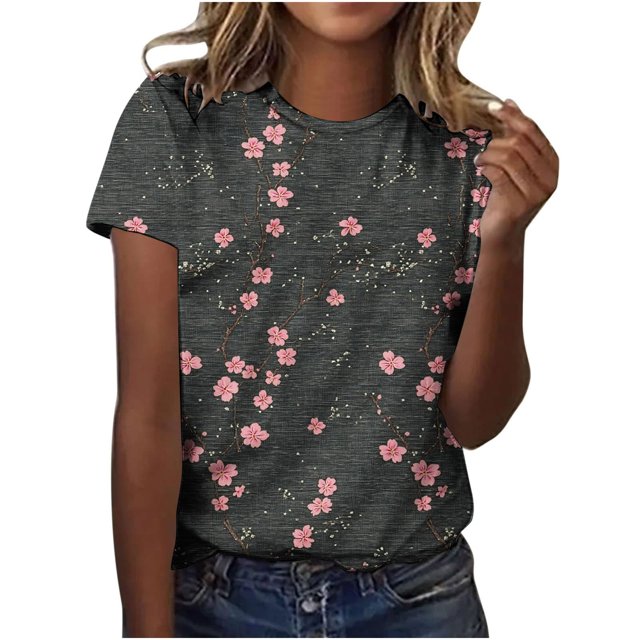 Pisexur Hauts d'Été pour Femmes, Blouses Habillées Décontractées pour Femmes Hauts à la Mode Chandail Décontracté Imprimé Manches Courtes Col Rond, Grandes Tailles pour Femmes Multicolore, 2TG