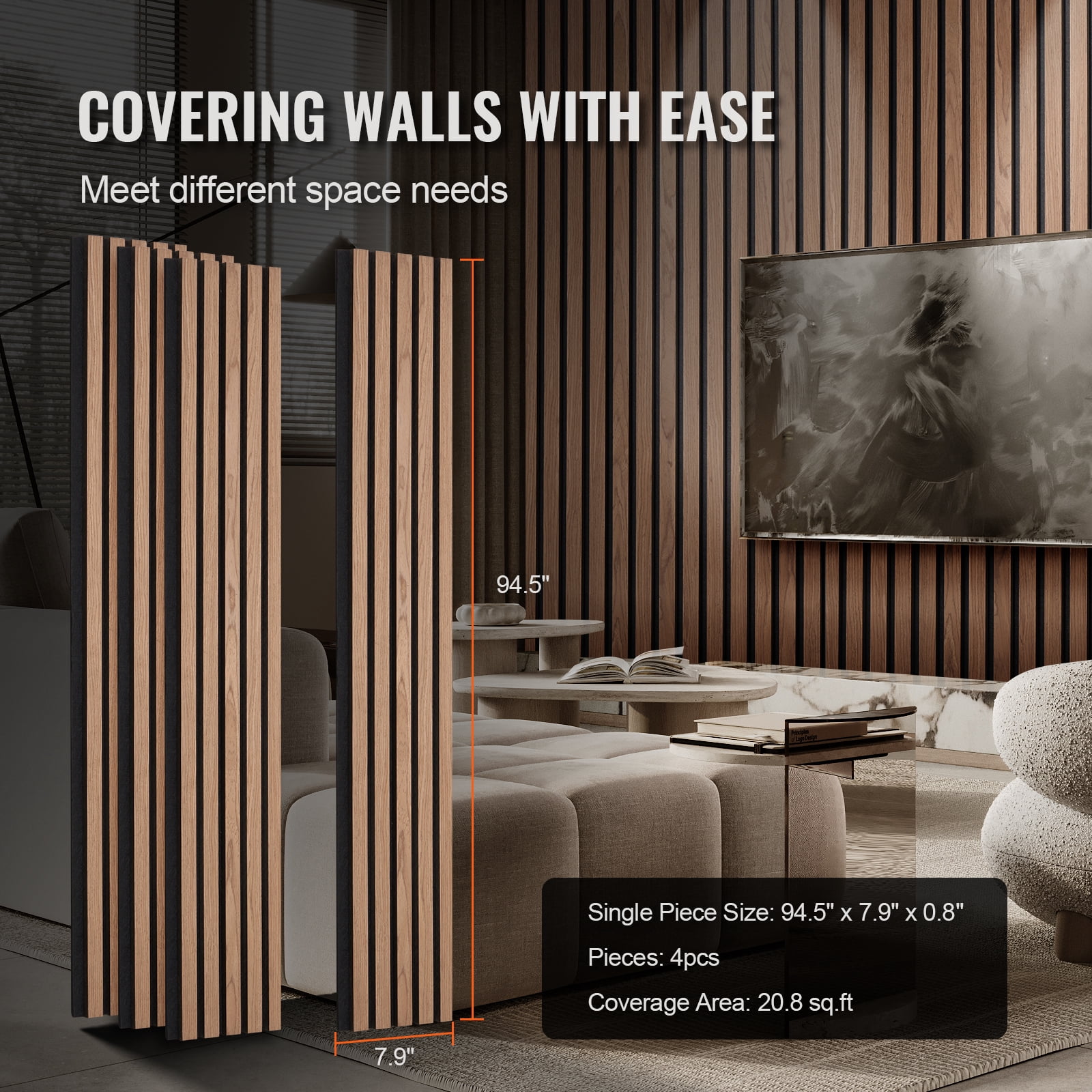VEVOR Wood Slat Acoustic Panels, 7.9 x 94.5 inch, MDF Accent Wooden Wall Panels for Modern Interior Wall, Faux Wood Wall Board Panels for Stylish Decor and Noise Reduction, Walnut