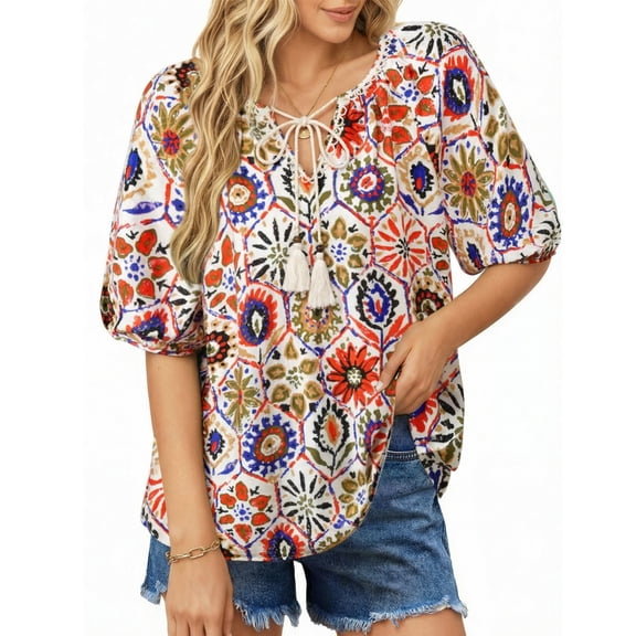 UVN Summer Tops for Women Short Sleeve V Neck Boho Casual Blouses Ladies Floral Print Tie Front Flowy Shirts