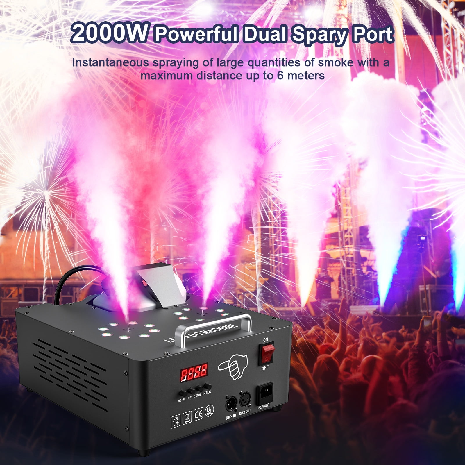 Smoke Machine Fog Machine 2000W Double-tube Adjustable  DMX512 RGB 3-in-1 Led Stage Smoke Machines for Party/ Wedding/ Stage