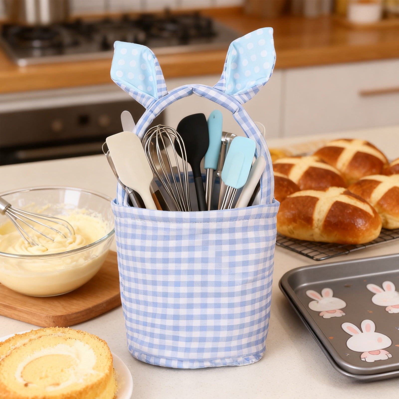 Lunxisen 2 Pcs Easter Bunny Basket Plaid Gingham Easter Buckets with Border Pleat,Cute Easter Basket Tote Easter Eggs Hunt Bag,Easter Decorations,Candy Gifts Storage
