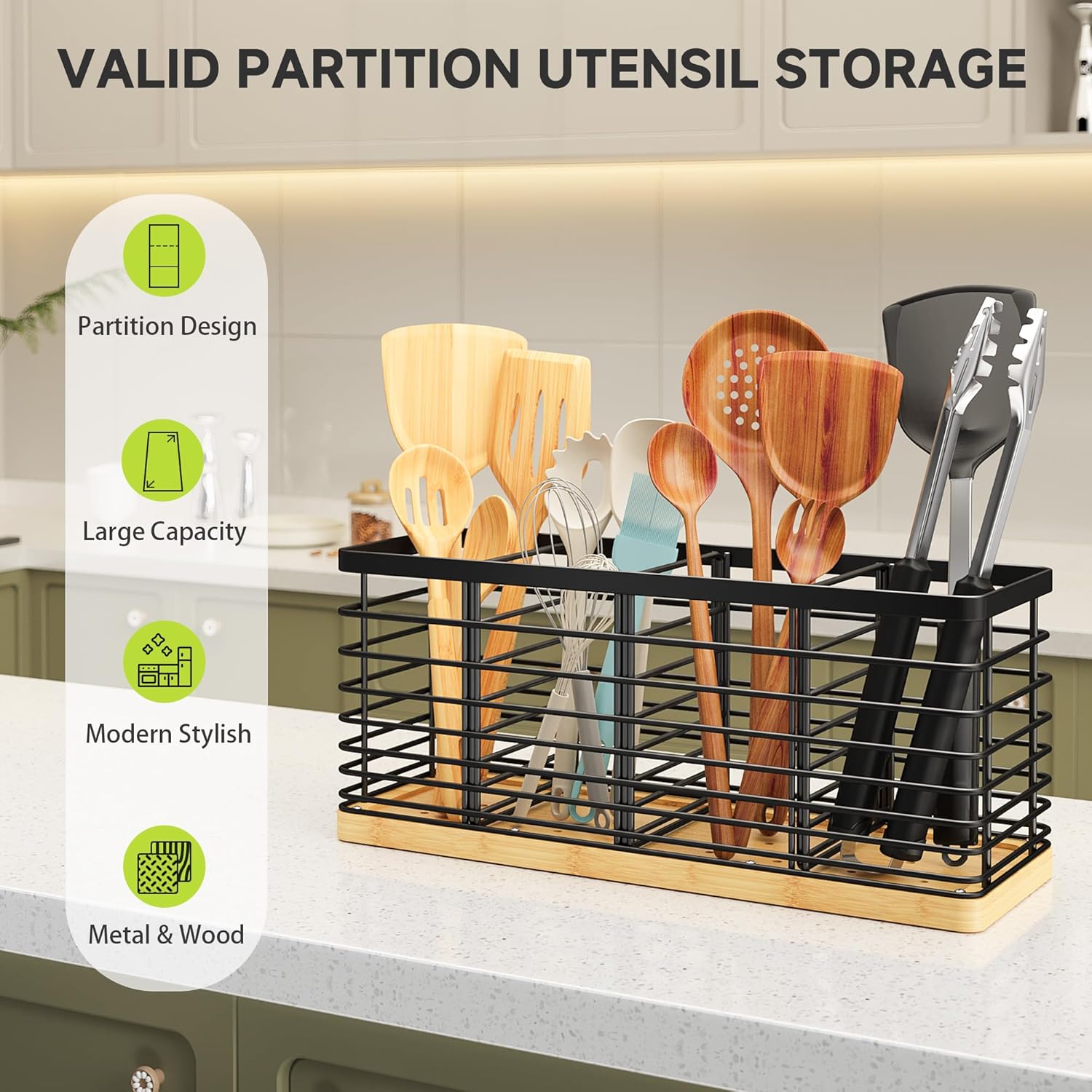 HBlife Kitchen Counter Utensil Holder with Bamboo Base, Matte Black, 4-Compartment Kitchen Utensil Organizers