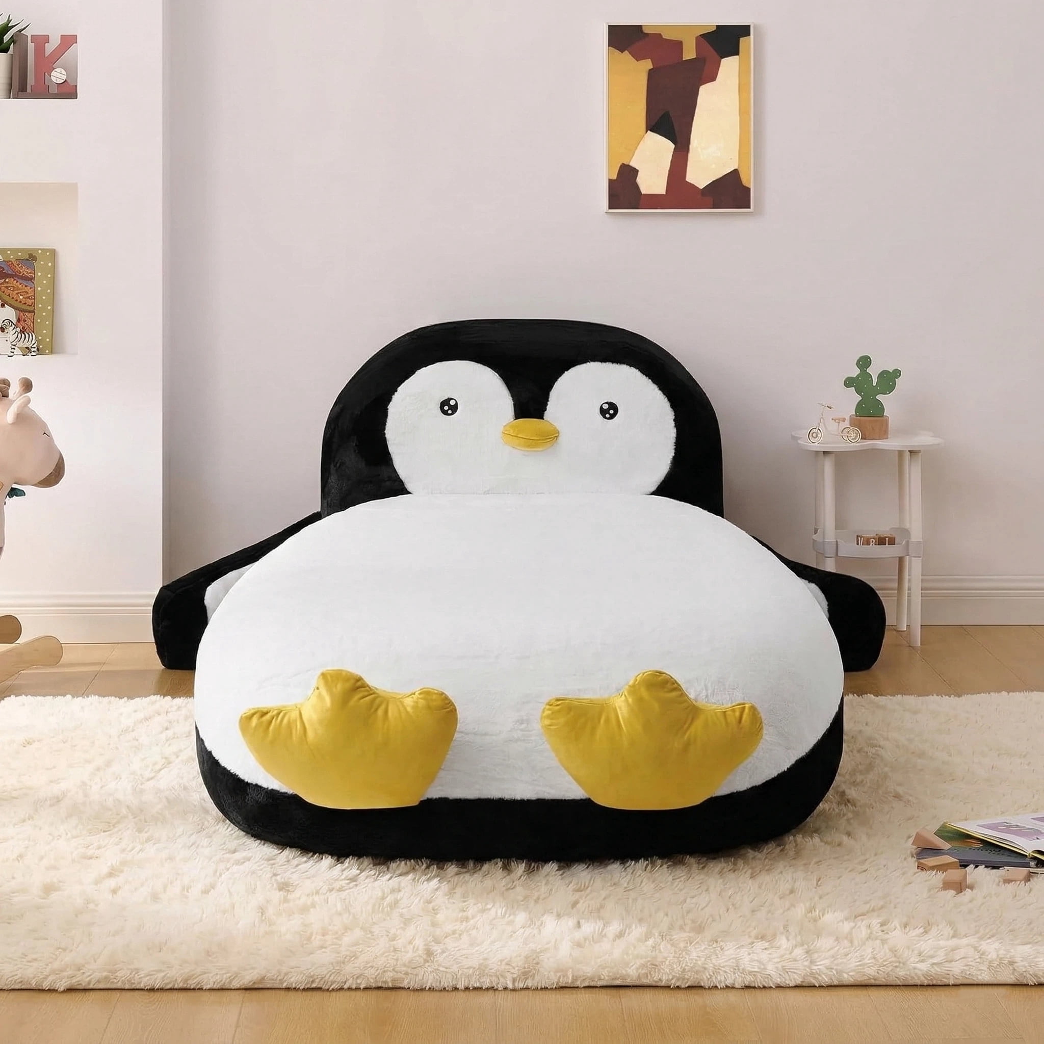 Aisword Twin Size Kids Daybed with Penguin Shaped & Headboard, Upholstered Faux Fur Cloud Boneless Memory Foam Bed Mattress, Platform Floor Sofa Couch Bed Frame for Girls, Boys, Teenager