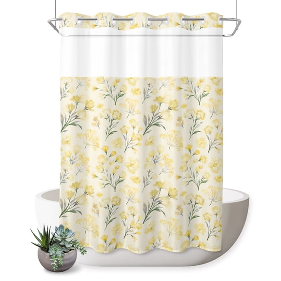 No Hook Shower Curtain, Yellow Spring Floral Shower Curtains for Bathroom with See Through Top Window, Green Botanical Wildflower Blossoms Waterproof & Washable Bath Curtain Extra Long 72"x84"