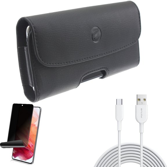 Case Belt Clip w Privacy Screen Protector w 6ft USB-C Cable for Samsung Galaxy S21 Plus - Leather Holster, TPU Film Fingerprint Works, Type-C Fast Charger Accessory Bundle