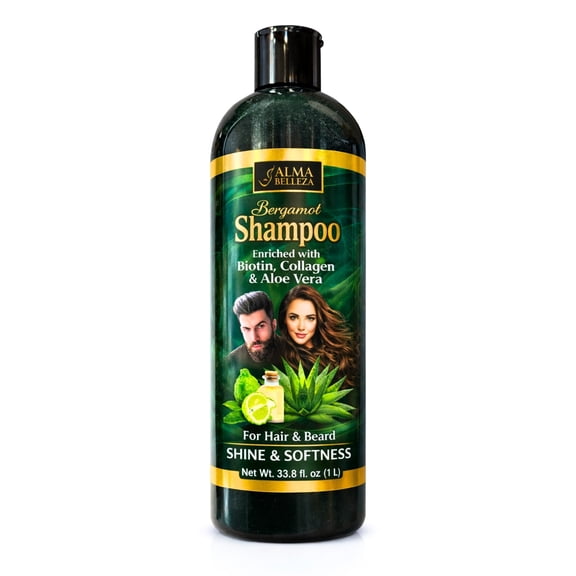 Alma Belleza Bergamot Shampoo with Biotin, Collagen & Aloe Vera, Moisturizing Hair & Beard Cleanser, Shine & Softness Formula, For All Hair Types, 33.8 fl oz (1L)