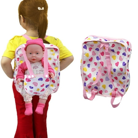 - Soft Plush Child Size Heart Pattern Backpack with Built-in Doll Carrier and Sleeping Bag for 18-inch Doll Perfect for Sleepover or Slumber Party