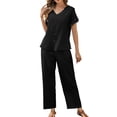 thumbnail image 2 of Zynoxe 2 Piece Sets for Women Going Out Trendy V Neck Button Down Top Elastic Waist Lace Pants Suit Soft Breathable Cotton Linen Womens Lounge Set Casual Loose Solid Color Summer Outfits XL, 2 of 10