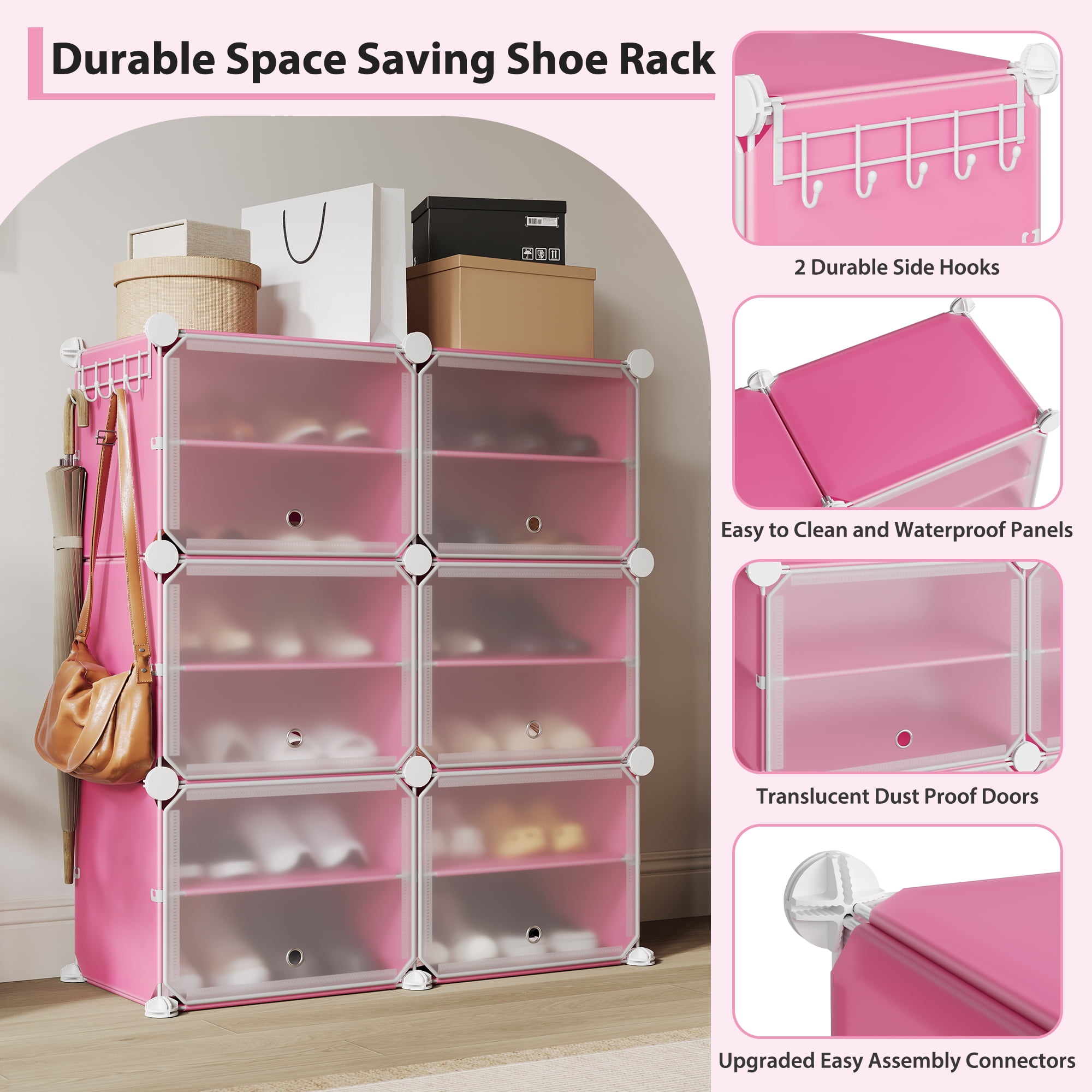 Modular 6-Cube Shoe Storage Cabinet with Doors – 6-Tier Plastic Shoe Organizer – Space-Saving – Easy DIY Assembly – for Entryway, Bedroom, Living Room – Pink