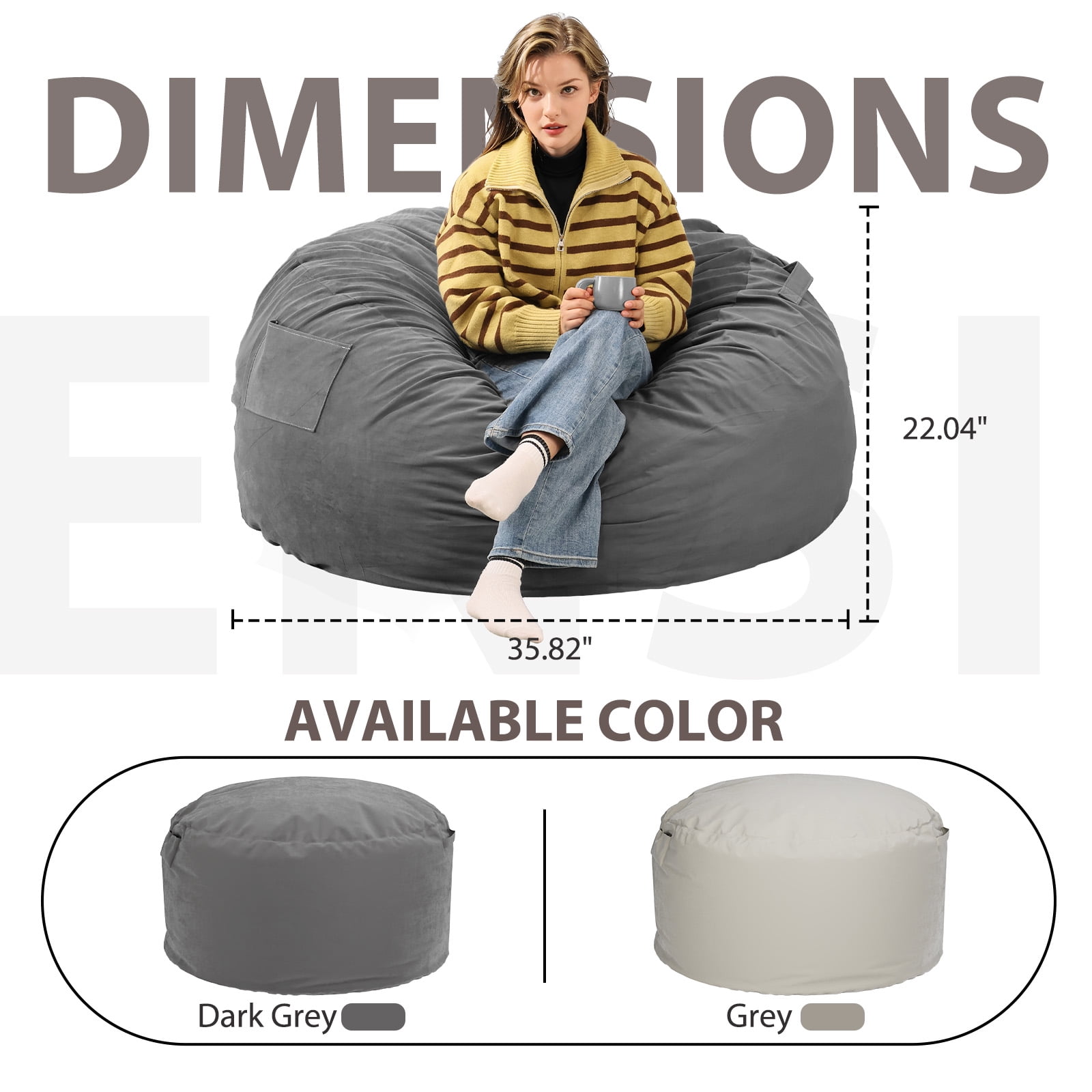 JIOABL 3FT Sofa Bean Bag Chair , Oversized Beanbag for Adults with Soft Removable Cover, Gray