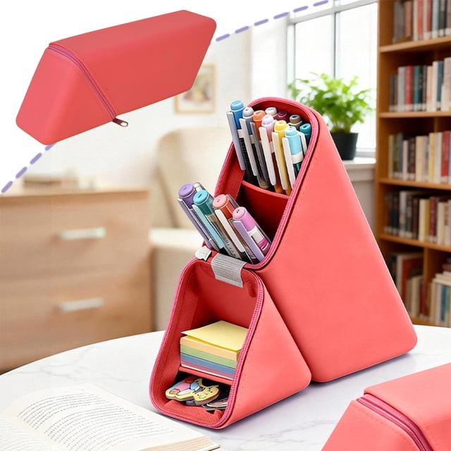Roiihwy Standing Aesthetic Triangular Design Pencil Case Pouch, Portable Pen Bag Holder Wide with Drawer(Red)