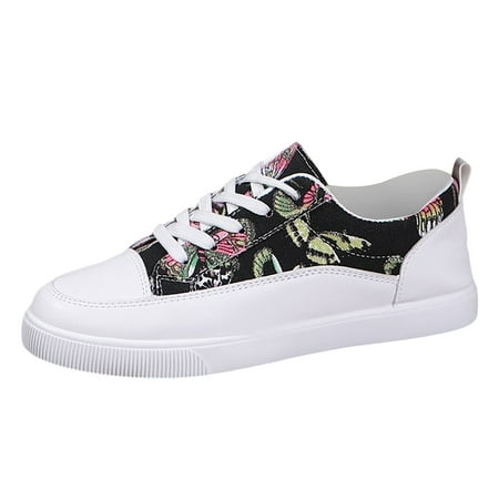 OJSFQUFP Women s Flats 2024 Spring and Autumn Single Shoes Printed Shoes Low Cut Lace Up Casual Large Women s Shoes Flat Bottom Student Shoes Slip On Loafers for Women Black 42