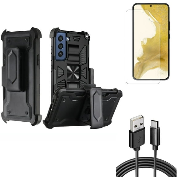 Case Belt Clip & 6ft USB Cable & Matte Screen Protector for Samsung Galaxy S22 (6.1") - Holster Swivel & Type-C Charger Cord & TPU Film Anti-Glare Accessory Bundle