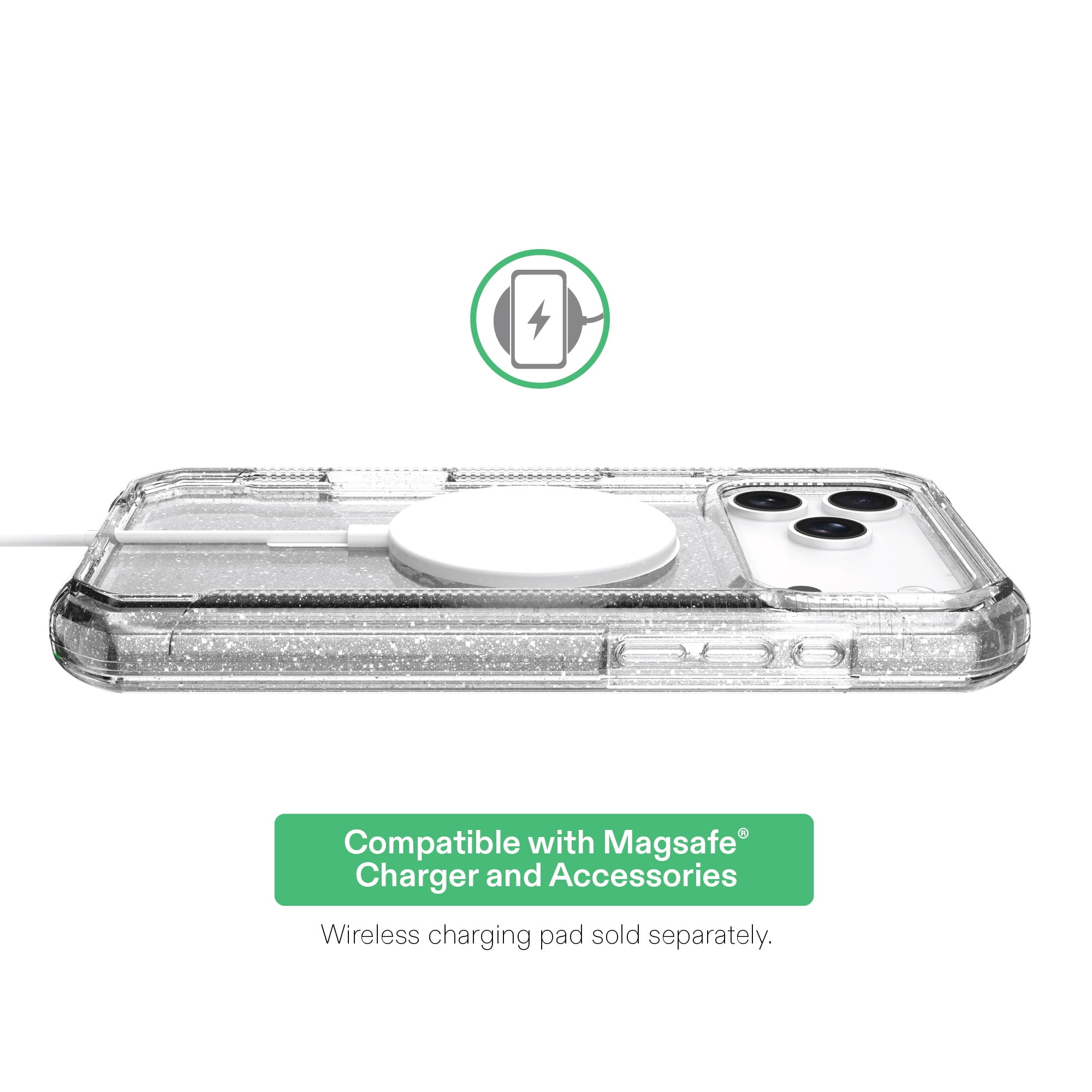 onn Rugged Phone Case for iPhone 18 Pro Max / 17 Pro Max, MagSafe Compatible - Clear with Silver Glitter