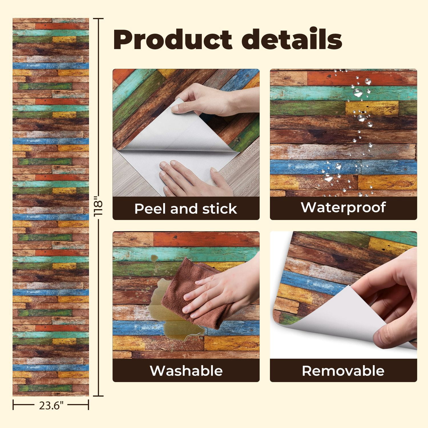 Peel and Stick Wallpaper Rustic Multicolor Wooden Plank Wall Distressed Paint Wall Mural 23.6in x 9.8ft Self Adhesive Removable Wall Paper Renter Friendly Wallpaper for Nursery Bedroom Cabinets