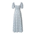 thumbnail image 6 of Raccmtaty Women Elegant Side Slit Dress, Floral Print Square Collar Short Puff Sleeves Skirt, Pale Yellow/ White, 6 of 9