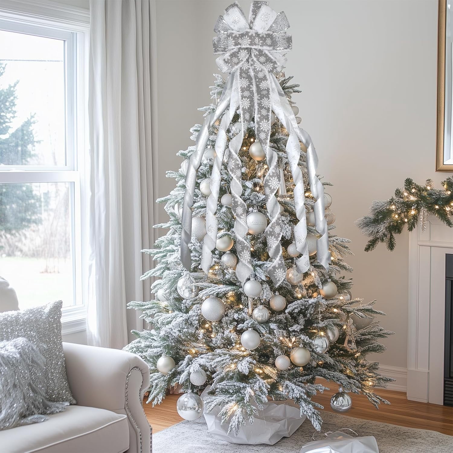 Large Christmas Tree Topper Bow 52x13 Inch, Pre-Tied Wired Ribbon Wreath Bows, Xmas Ornaments with Long Wired Edge Streamer for Holiday Thanksgiving Indoor Outdoor Party Decoration (Silver)