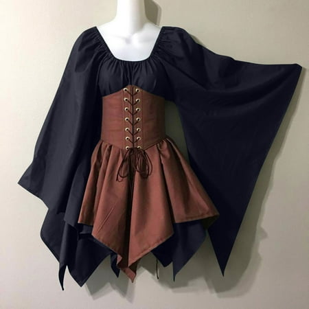

RYDCOT Plus Size Medieval Dress for Women Renaissance Gothic Dress Retro Long Sleeve Corset Dresses Long Sleeve Round-Neck Mid-Calf Dress Clearance Black