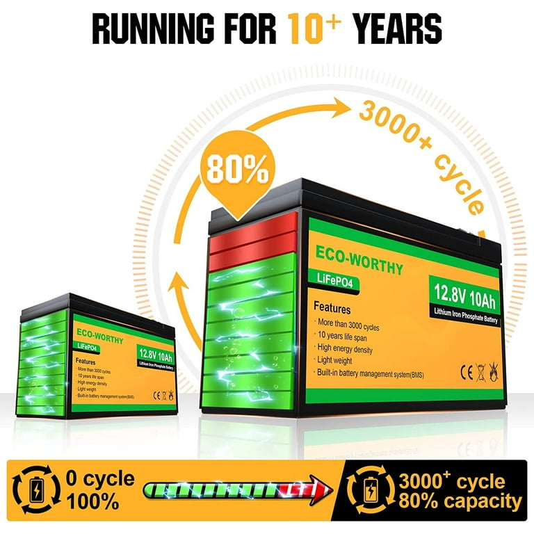 ECO-WORTHY 12V 10Ah Lithium LiFePO4 Deep Cycle Battery with 3000+ Cycles, Built-In BMS, Perfect for Kids Scooters, Fishfinder, Lighting, Power Wheels
