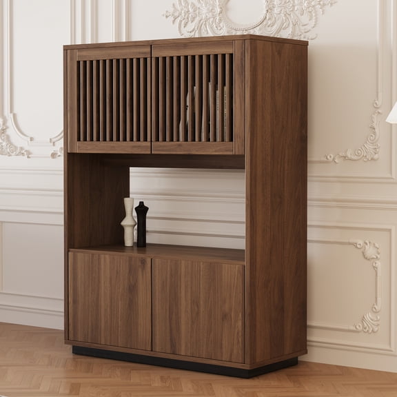 Pajiasen 33.46" Mid Century Modern Buffet Cabinet Sideboard, Accent Storage Cabinets with Grille Striped Doors, Credenza Cupboard Console for Living Room Kitchen, Walnut