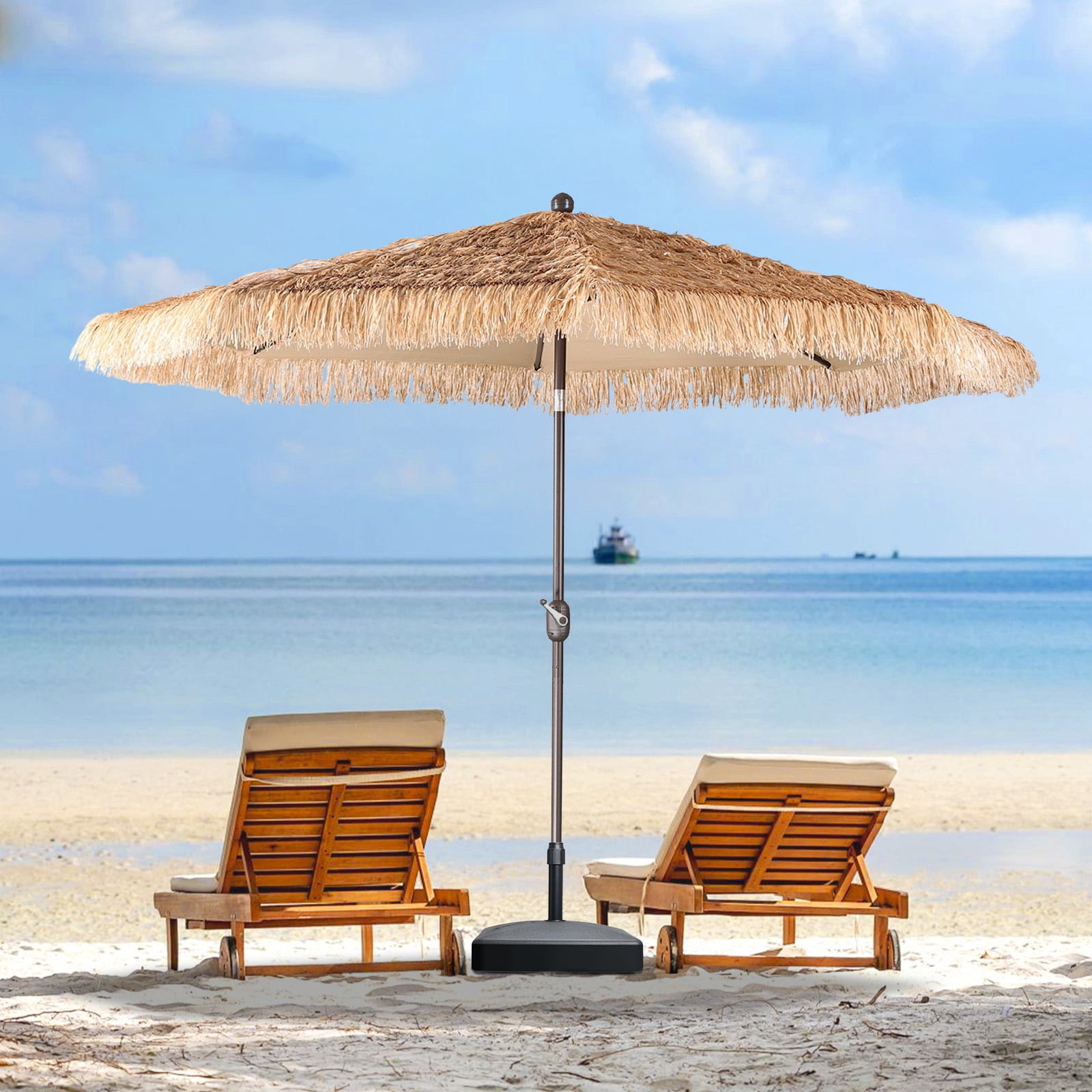 Aoodor 9FT Thatch Patio Umbrella, Tiki Style Outdoor Umbrella with Crank Lift for Poolside, Backyard, Beach - Natural Straw Look (No Base)