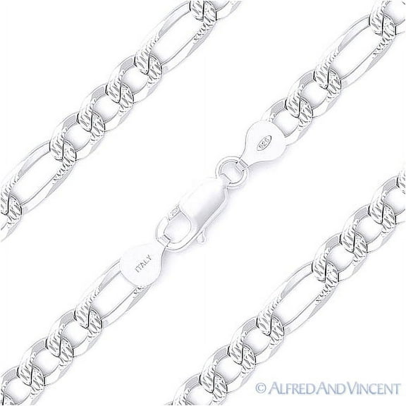 6mm Figaro / Figaroa Link D-Cut Pave Italian Chain Bracelet in .925 Sterling Silver