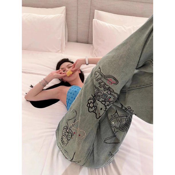 Sanrio Hello Kitty Y2K Retro Graffiti Painting Jeans, Cartoon Hottie, Slim Hot Diamond, pantalones de pierna ancha, regalo para niña, Otoño, nuevo