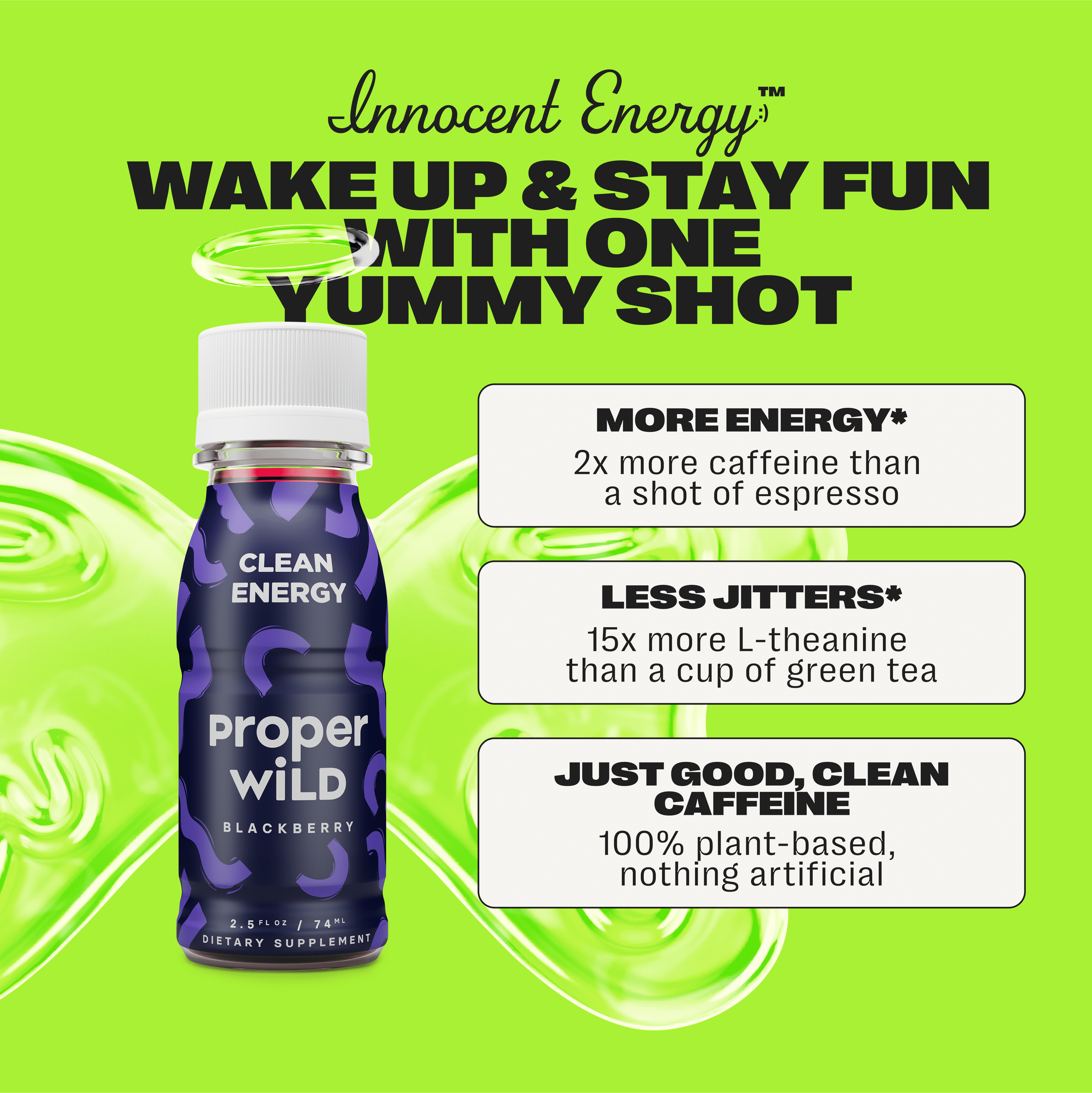 Proper Wild, Natural Clean Energy Shots, Caffeine & L-Theanine, Blackberry, 6-Pack