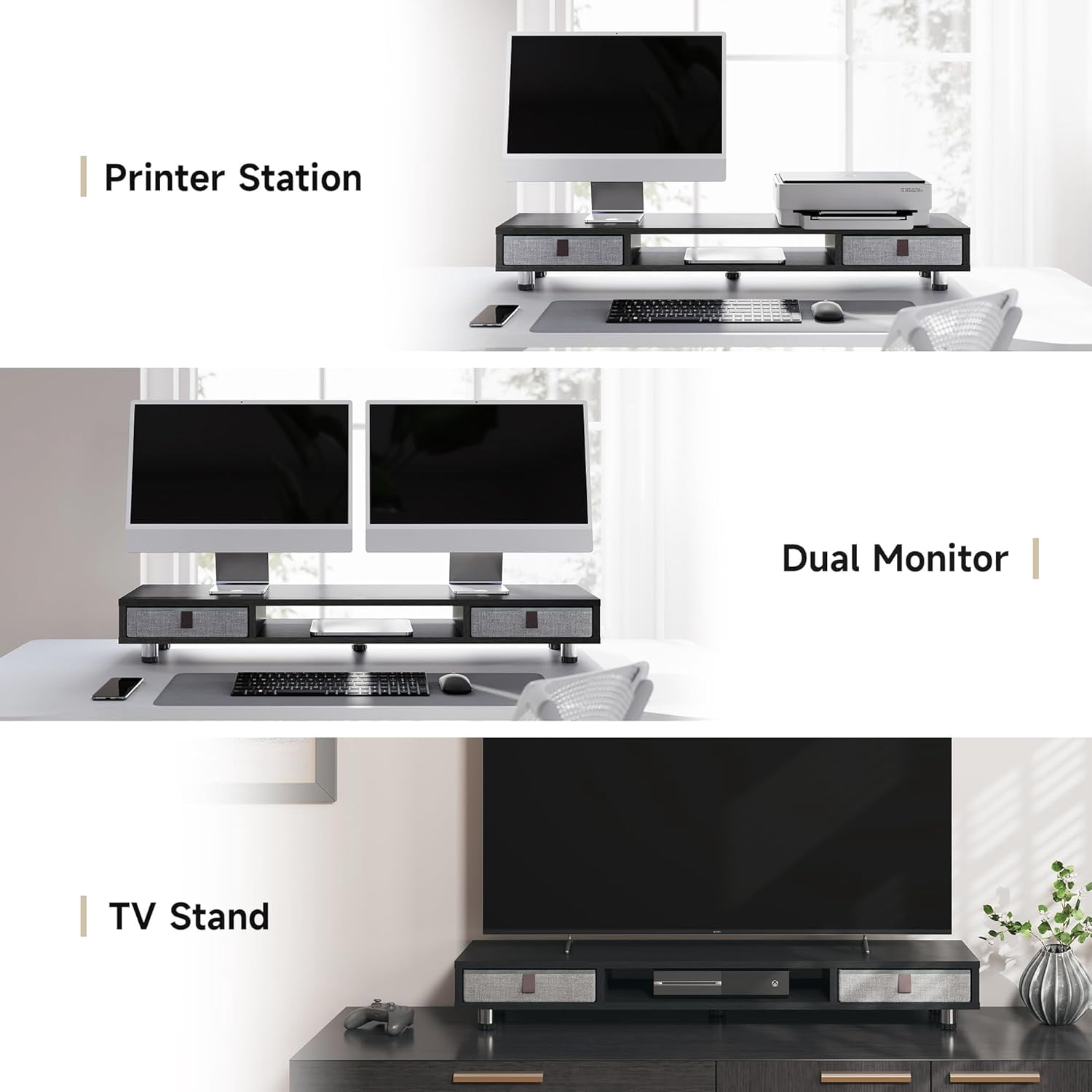 Dual Monitor Stand with 2 Drawers, 42.5 Inches Large Computer Riser for Desk
