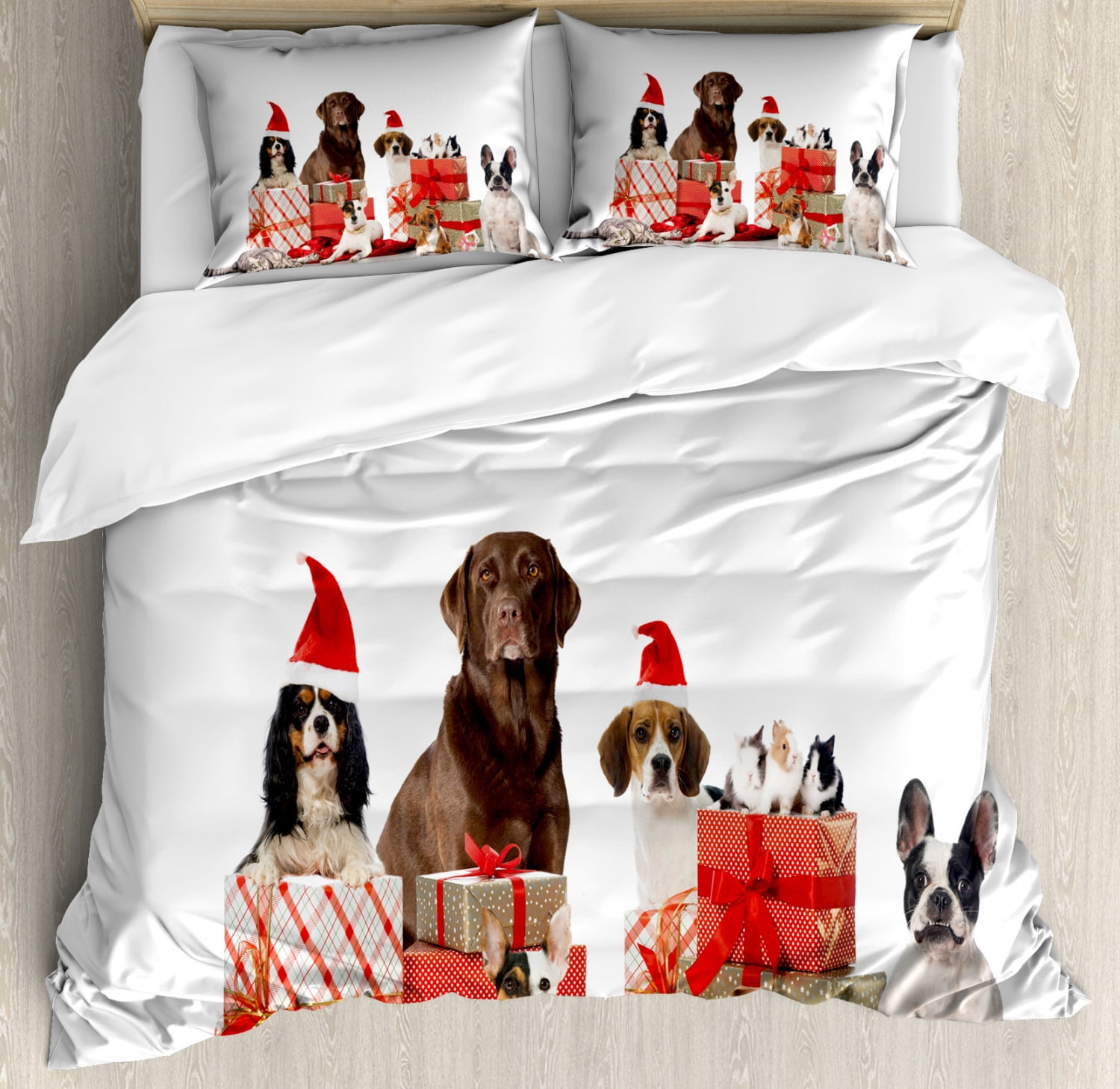 Christmas King Size Duvet Cover Set, Several Pets with Surprise