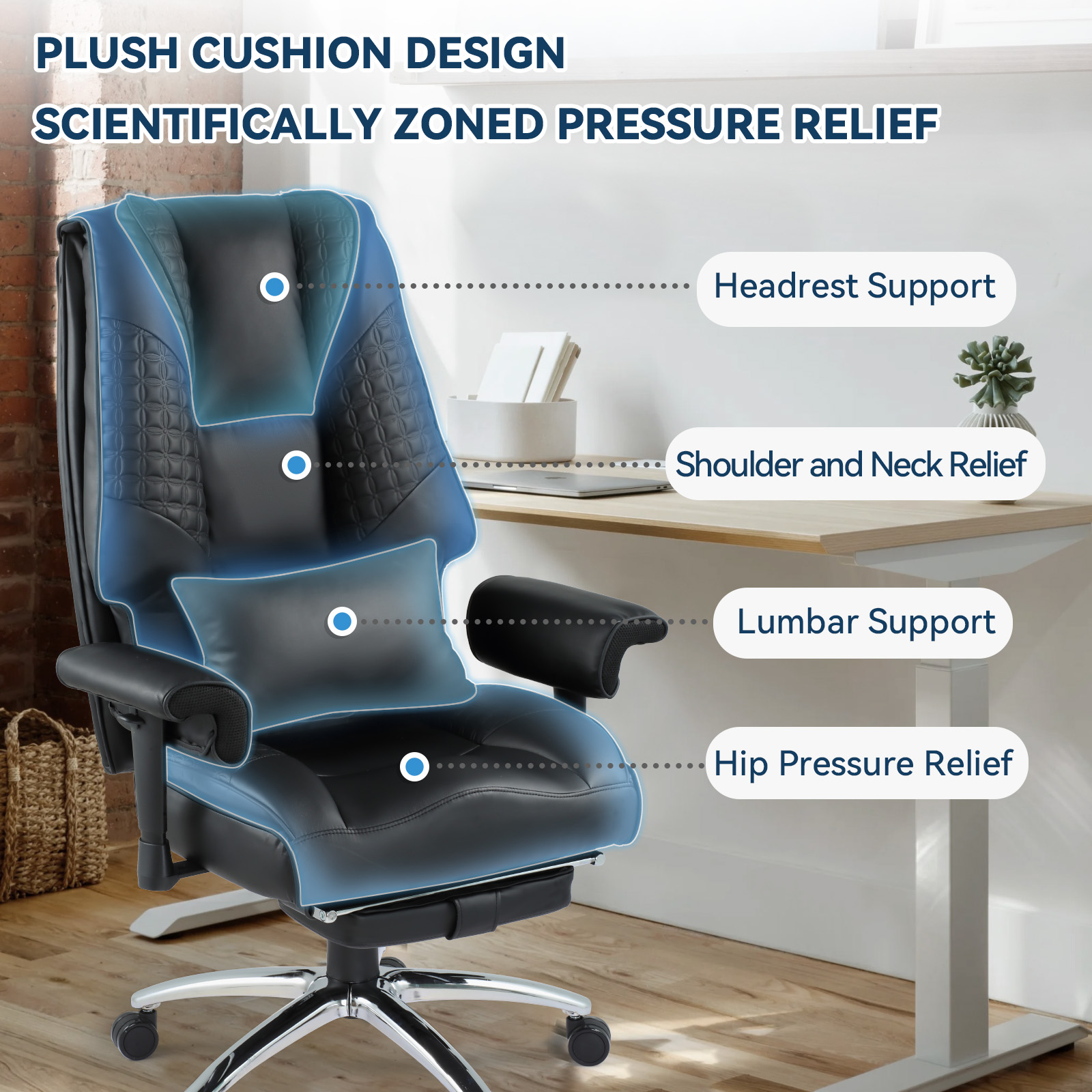 6-Point Massage Office Chair with Heating – Premium Ergonomic Executive Chair with Retractable Footrest & Reclining Function