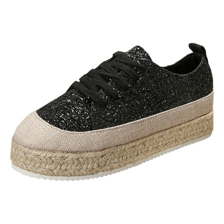 

MIASHUI Women s Flats Shoes Splicing Glitter Sequins Splicing Lacing Thick Bottom Casual Shoes Black 7.5