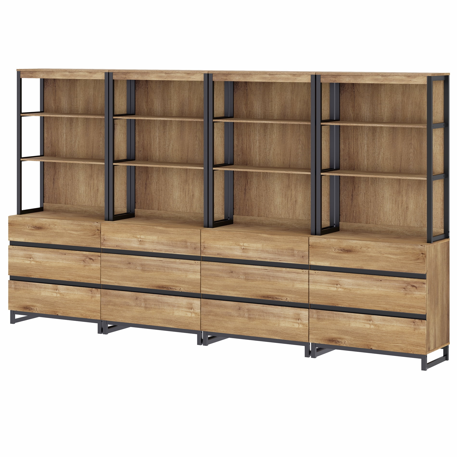 WAMPAT 4-Piece Modern 72" Tall Library Bookcases with 12 Drawers & Open Shelves, Wood Freestanding Bookshelves with Storage Cabinet & Metal Base for Home Office & Living Room, Oak
