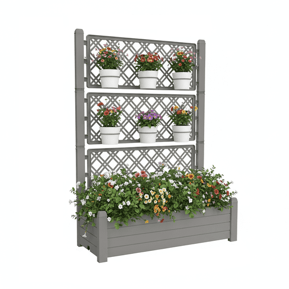 TRAMULL 59" Tall Raised Garden Bed,Outdoor Large Resin Planter Box with Trellis and Drain Plug for Climbing Plants(Light brown)