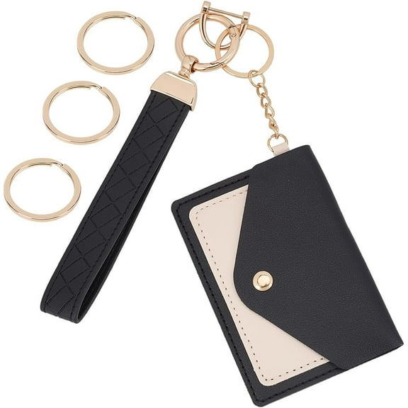 Black Leather Wristlet Keychain Wallet Keychain Wristlet Small Slim Credit Card Holder