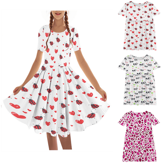Isvgxsz New Summer Dresses for Girls Loose Print Round Neck Short Sleeve Mid-Length Casual Dresses Flounce Soft Satiny Flower Girl Dresses