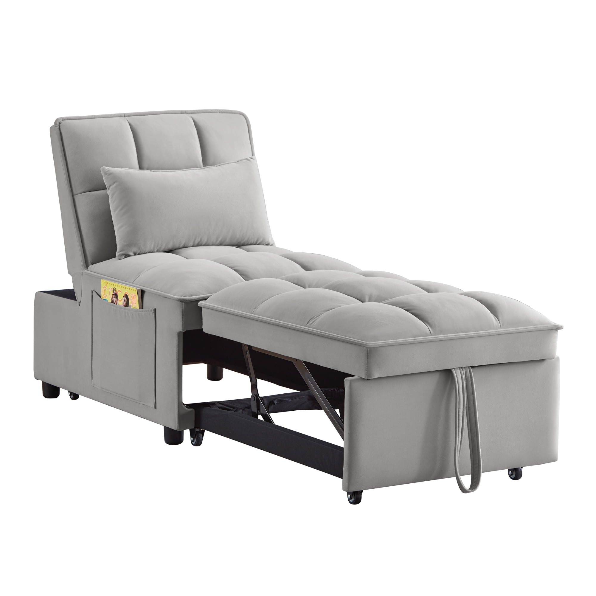 Miniyam 4 in 1 Tufted Single Pull-out Sofa Bed, Convertible Chaise Lounge, Gray