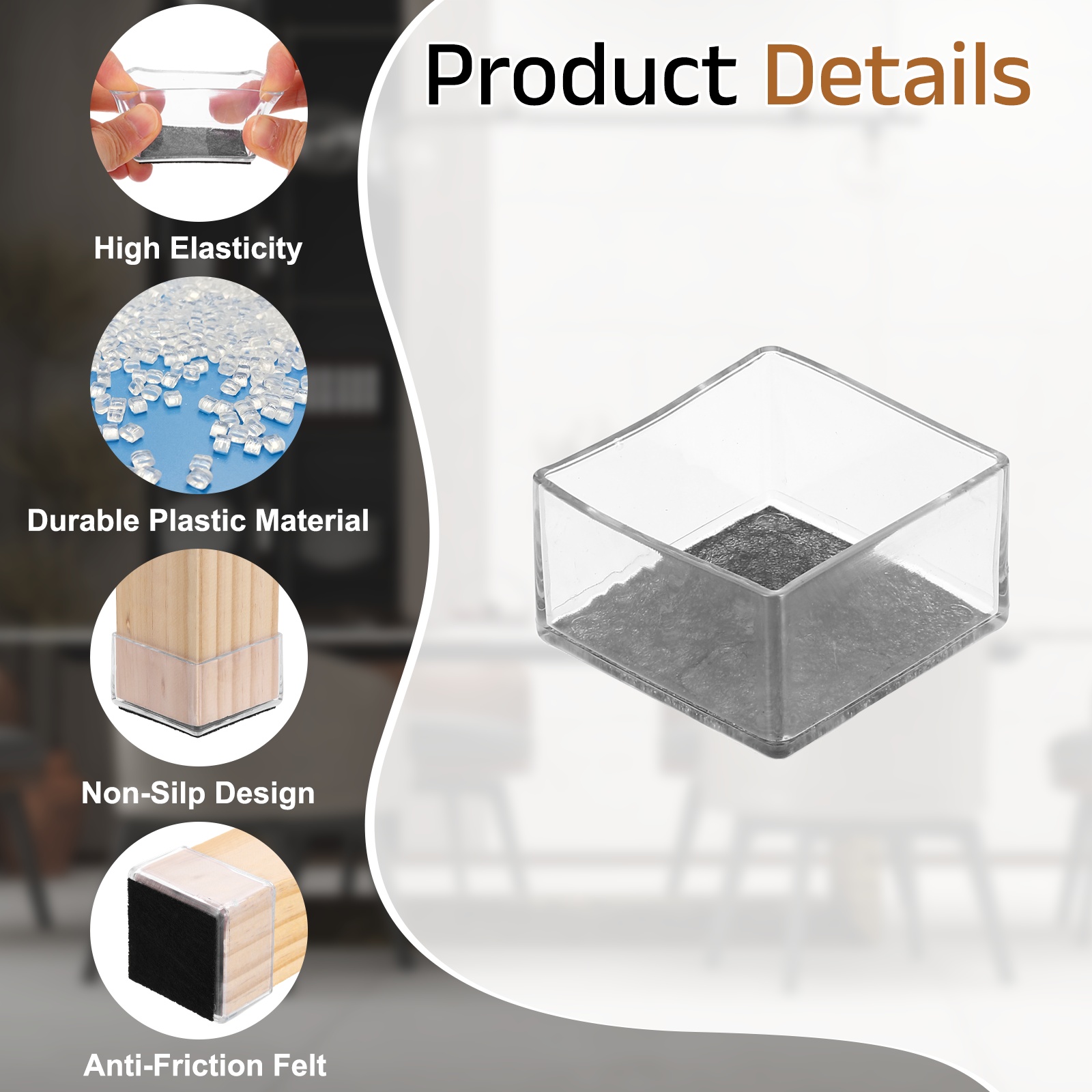 Uxcell 28Pcs Square Chair Leg Protectors, 1.5" & Felt Furniture Chair Leg Cover Caps for Hardwood Floors Elastic Scratch Reduce Noise Covers Furniture Pads, Clear Black