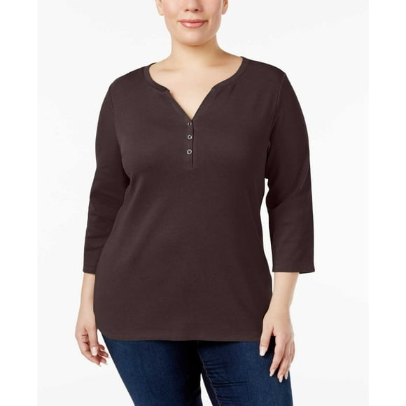 Karen Scott Women’s Plus Size Cotton Henley Blouse Pullover Shirt Tops, Brown, 0X Plus