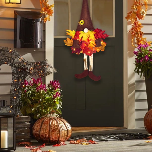 Xihbxyly Corona de Acción de Gracias de Halloween, Decoración con Luz Led, Luces Blancas Cálidas, Diseño Otoñal Artificial, Decoración Navideña para Interiores y Exteriores, Adorno para Puerta de Cas