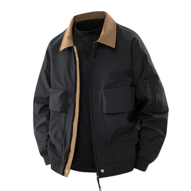 Men's Work Jacket, Windproof Long Sleeve Lapel Design with Pockets, Solid Color Casual Coat for Fall Outdoor Activities and Daily Wear