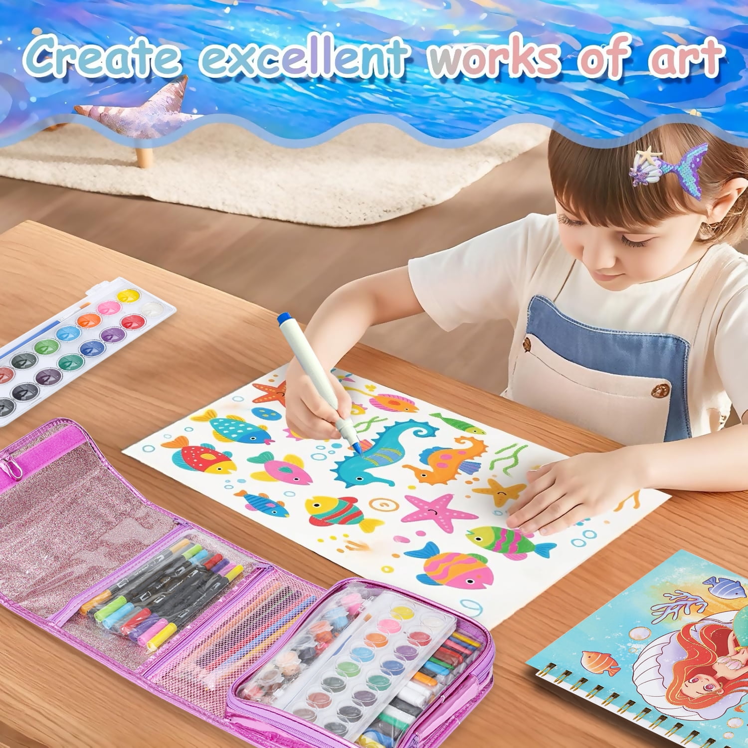 Aijohnny Mermaid Art Set,Washable Scented Markers Kit with Stickers,Glitter Pencil Case,Glitter Pens & Crayons,Birthday Gifts for 3-5 8-12 Year Old