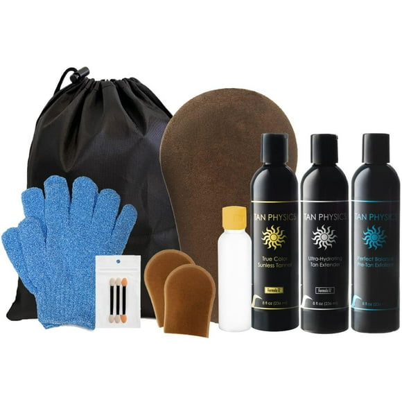 Tan Physics Self Tanner – 13pc Sunless Tanning Kit with True Color Tanner, Pre-Tan Exfoliator & Tan Extender – Includes Face
