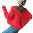 thumbnail image 3 of Women's Off The Shoulder Sweater Solid Color V-Neck Hollow Knit Loose Pullover (Red, L), 3 of 3