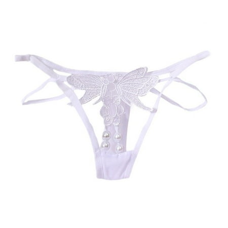BUYISI Women Pearl Sexy Thong Lace Embroidery Low Waist Transparent Hollowed Panties S White red blue and black