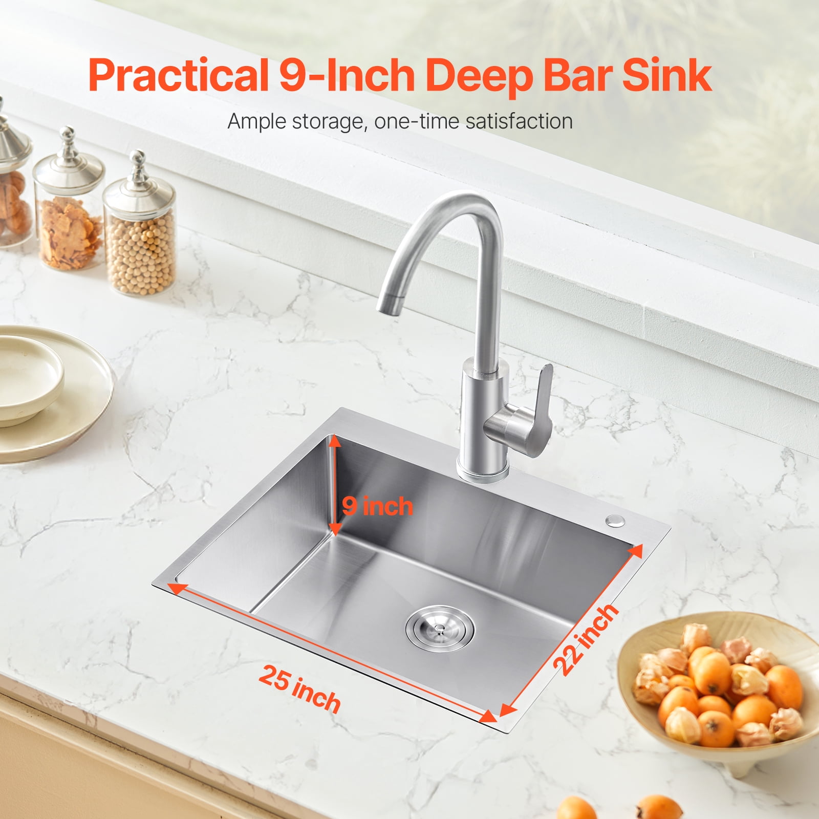KFFKFF 25" Stainless Steel Kitchen Sink, Top-Mounted Single Bowl Drop-in Sink, with Noise Reduction X-shaped Drain Design and Anti-Condensation, Suitable for RV, Prep Kitchen