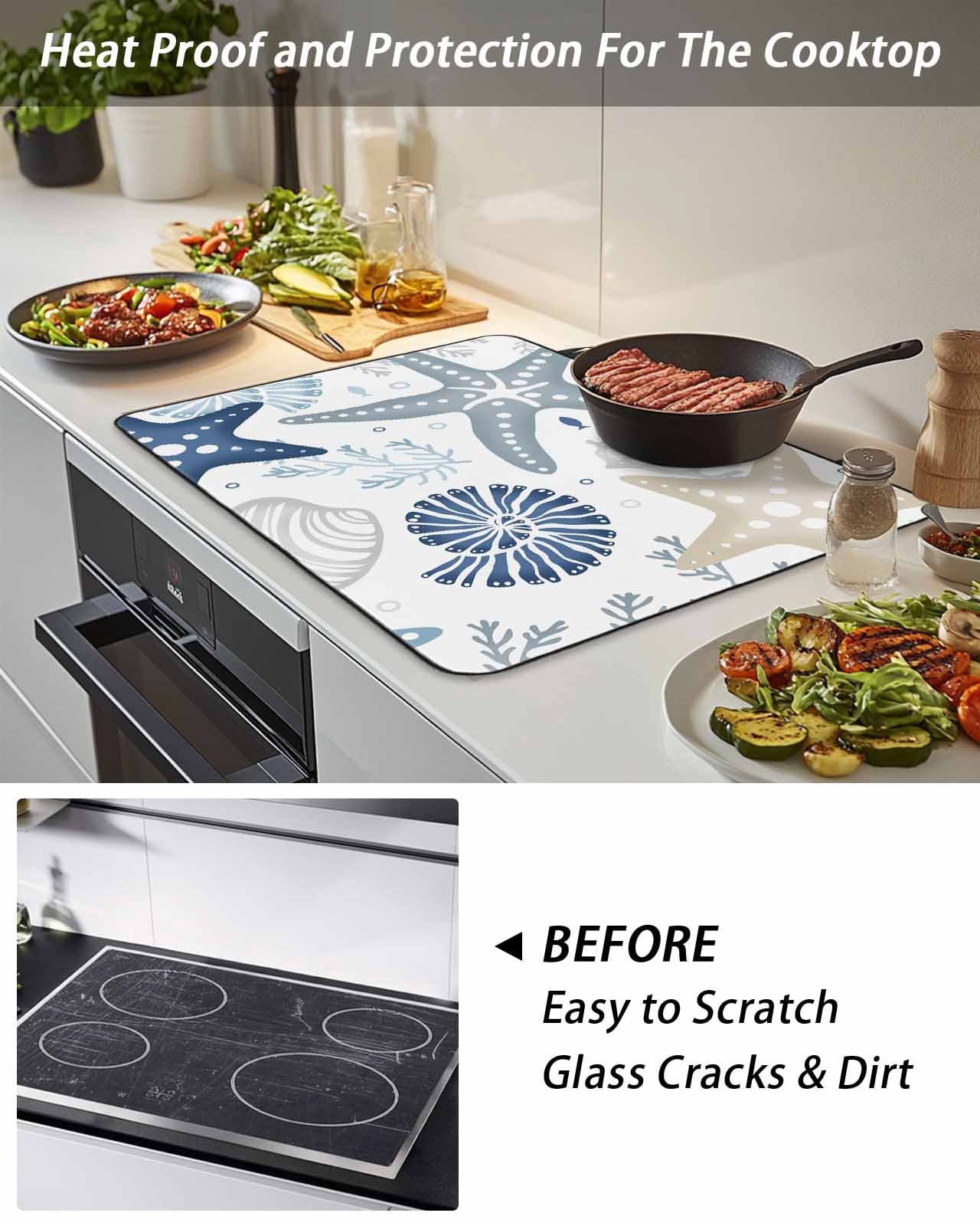 Stove Top Covers for Electric Stove, Blue Starfish Coastal Glass Stovetop Cover Protector, Summer Beach Nautical Coral Sea Induction Cooktop Protector Oven Mat for Kitchen Countertop 24"x21"